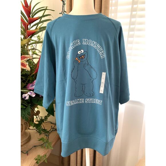 GU Uniqlo x Sesame Street Cookie Monster Half Sleeve Sweat Look T-shirt in Blue - Picture 5 of 10